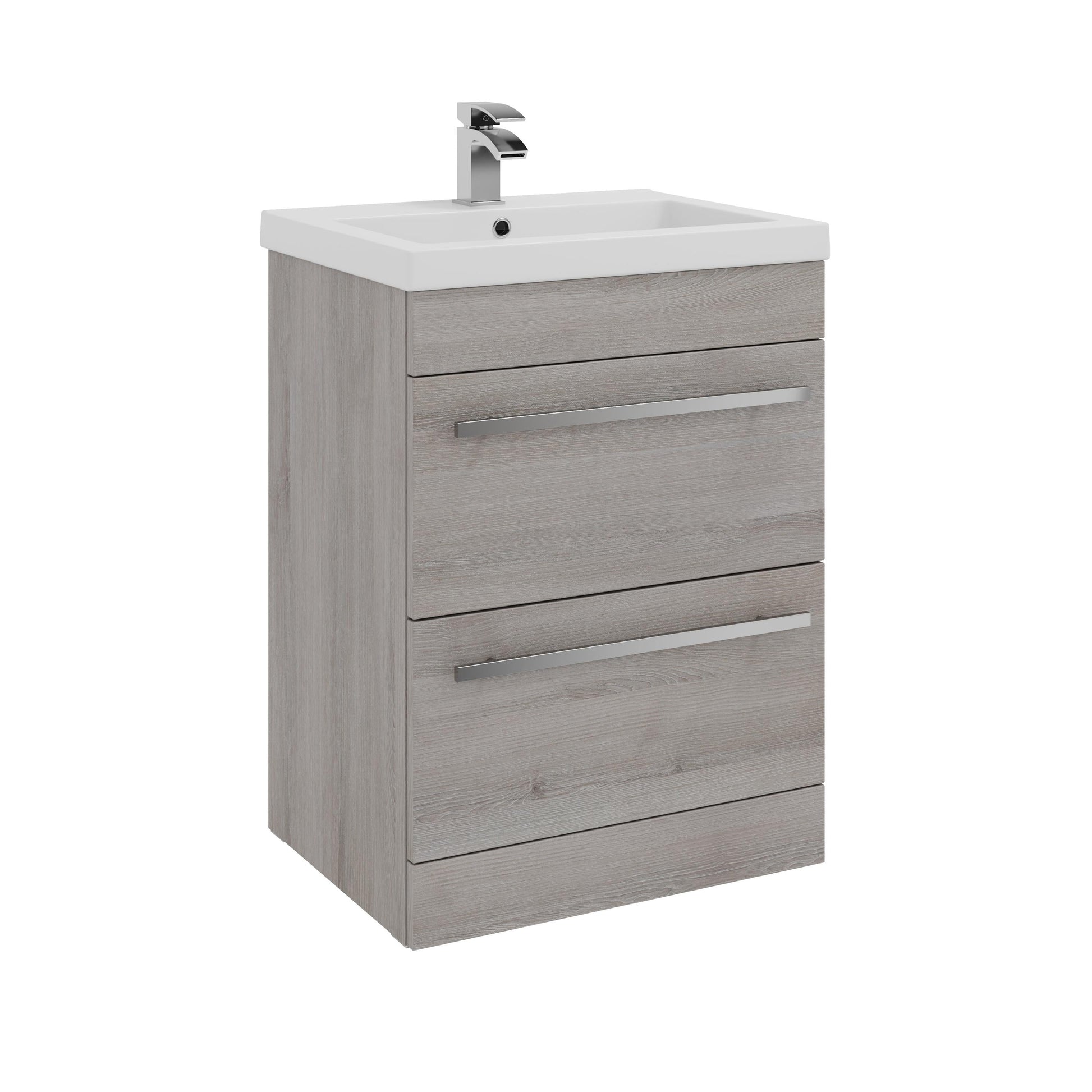 Purity 2 Drawer Unit & Mid Depth Ceramic Basin - Floor Standing / 600mm Width / Silver Oak - Purity - Bliss Bathroom Supplies Ltd -