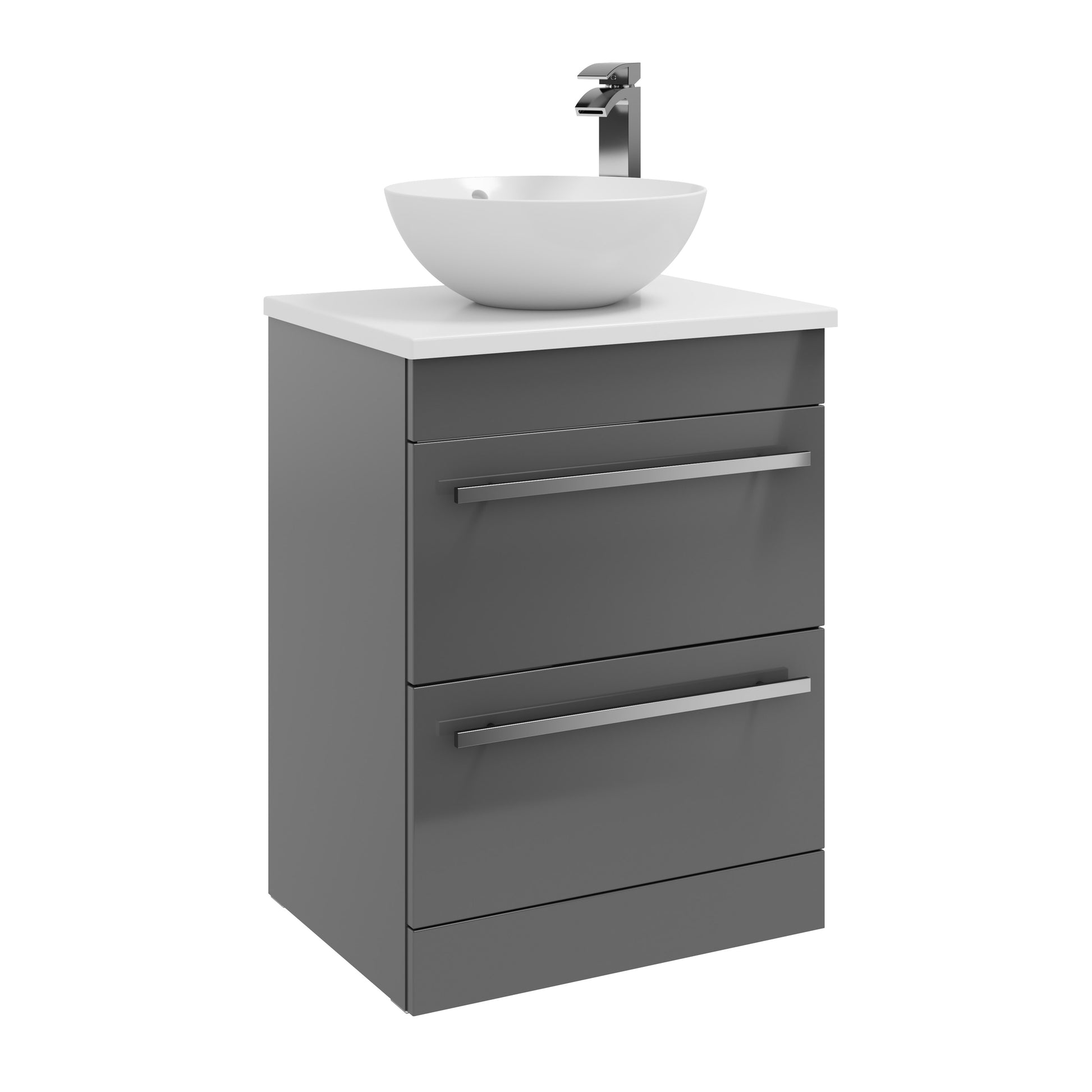 Purity 2 Drawer Unit, Ceramic Worktop & Sit on Bowl - Floor Standing / Storm Grey Gloss - Purity - Bliss Bathroom Supplies Ltd -
