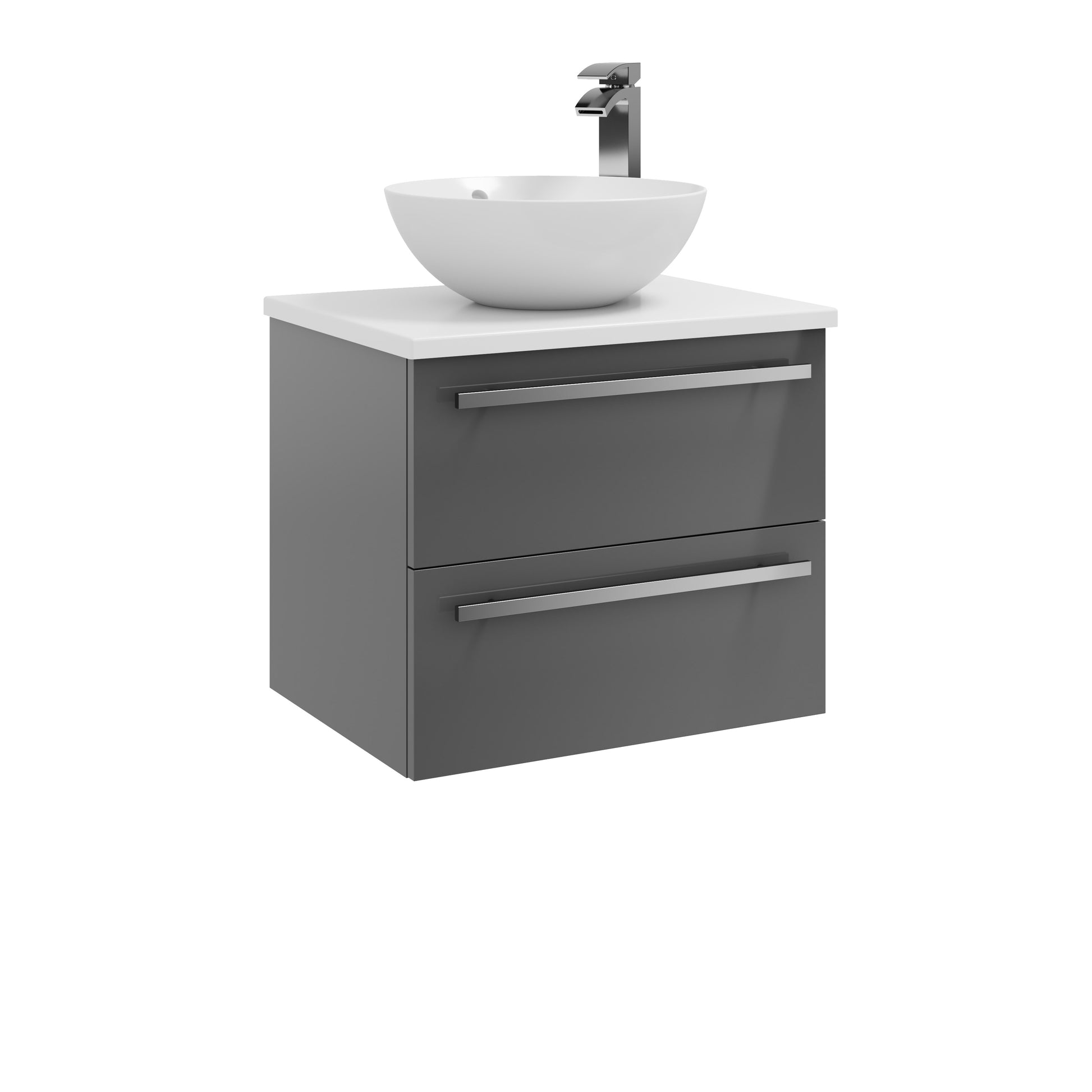 Purity 2 Drawer Unit, Ceramic Worktop & Sit on Bowl - Wall Mounted / Storm Grey Gloss - Purity - Bliss Bathroom Supplies Ltd -