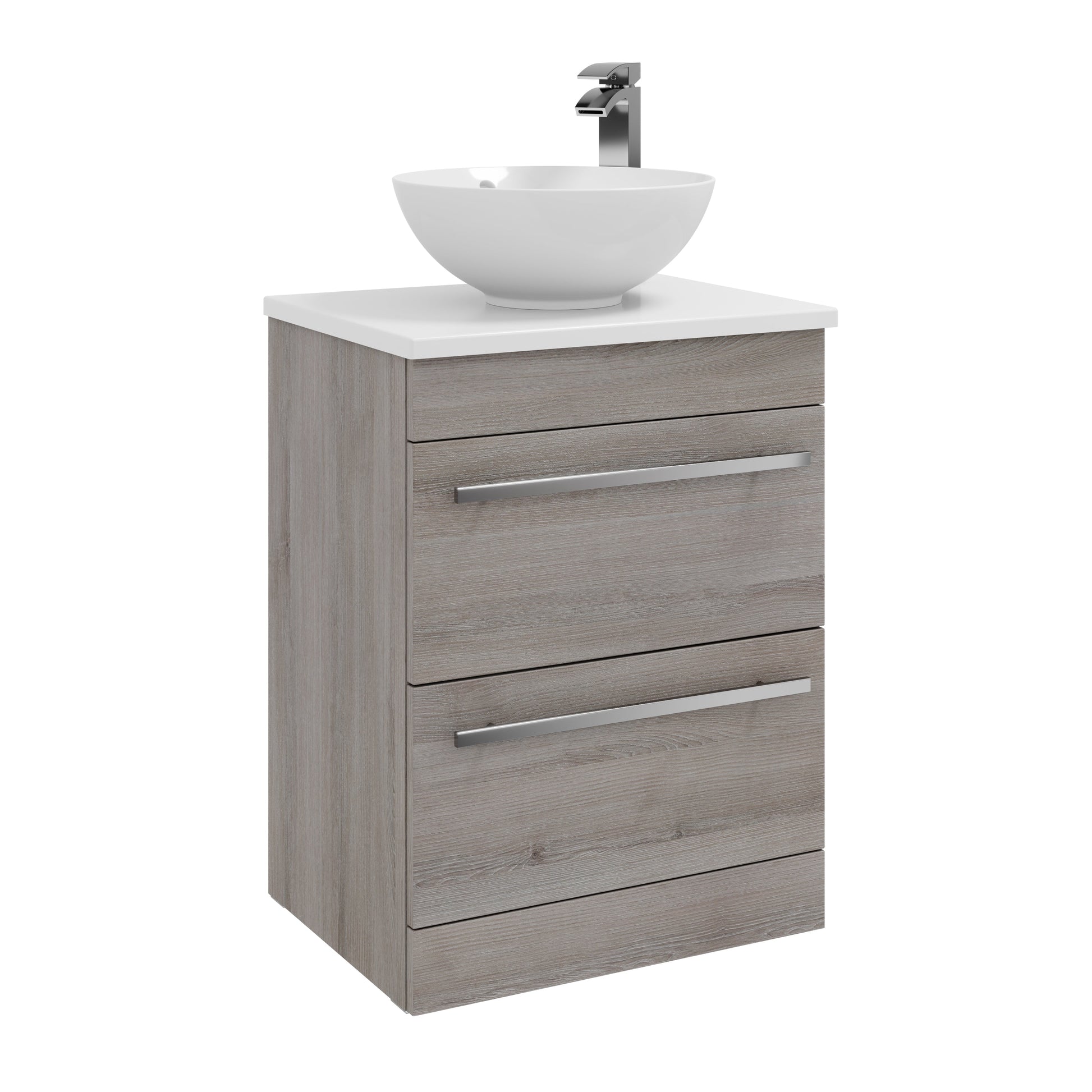 Purity 2 Drawer Unit, Ceramic Worktop & Sit on Bowl - Floor Standing / Silver Oak - Purity - Bliss Bathroom Supplies Ltd -